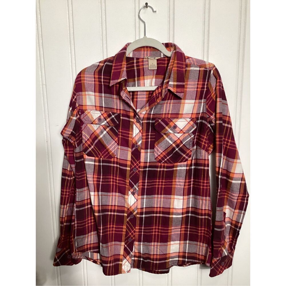 Duluth Trading Company Womens Forklore Flannel Shirt Sz L Roll Tab‎ Sleeve